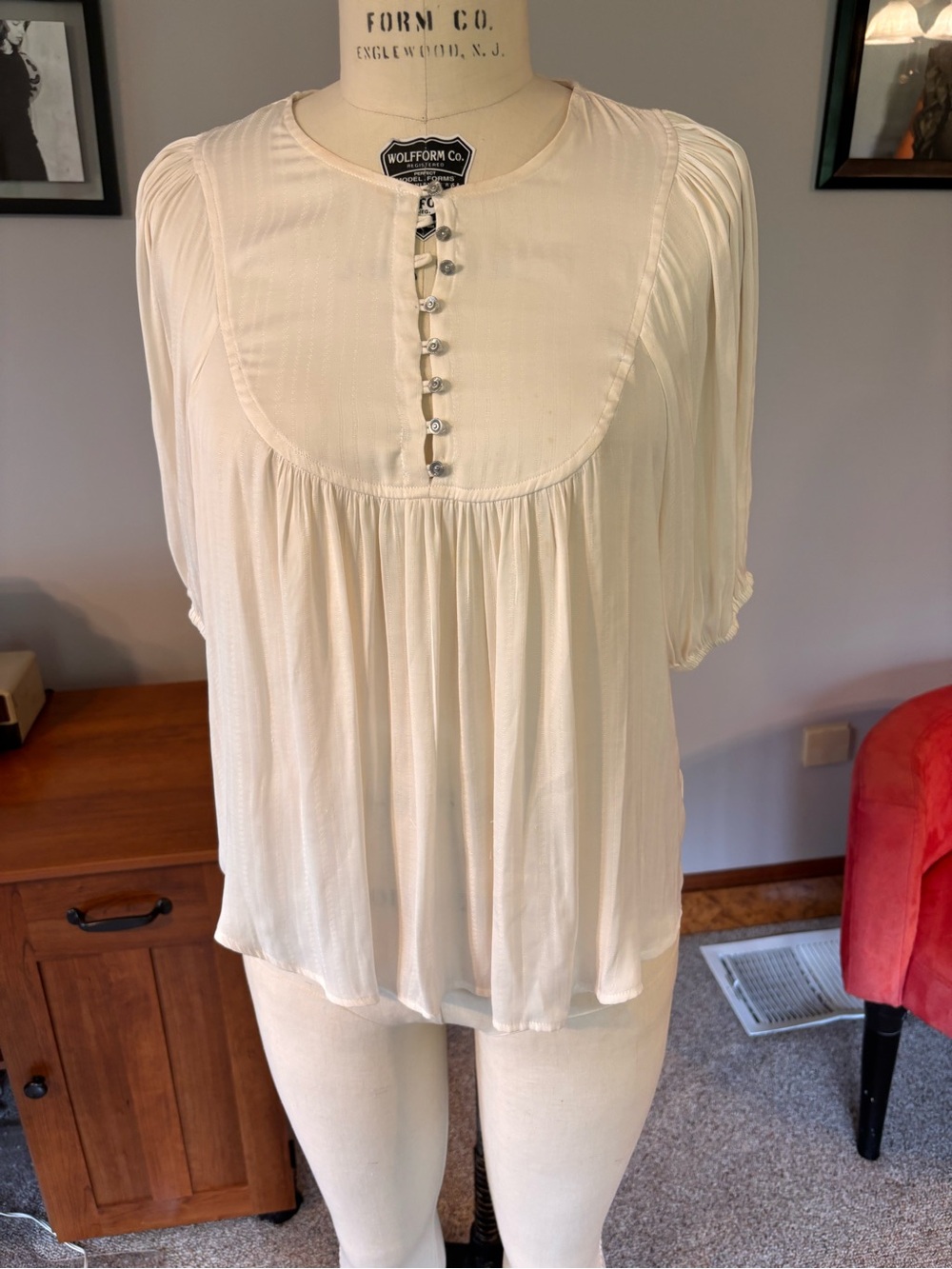 Anthropologie Ivory Pleated Button-Yoke Blouse